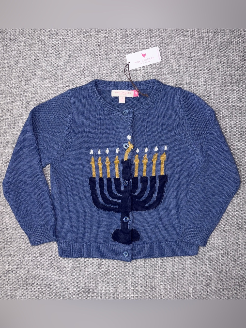 NWT Pink Chicken Navy Blue Menorah Knit Cardigan with Gold Accents